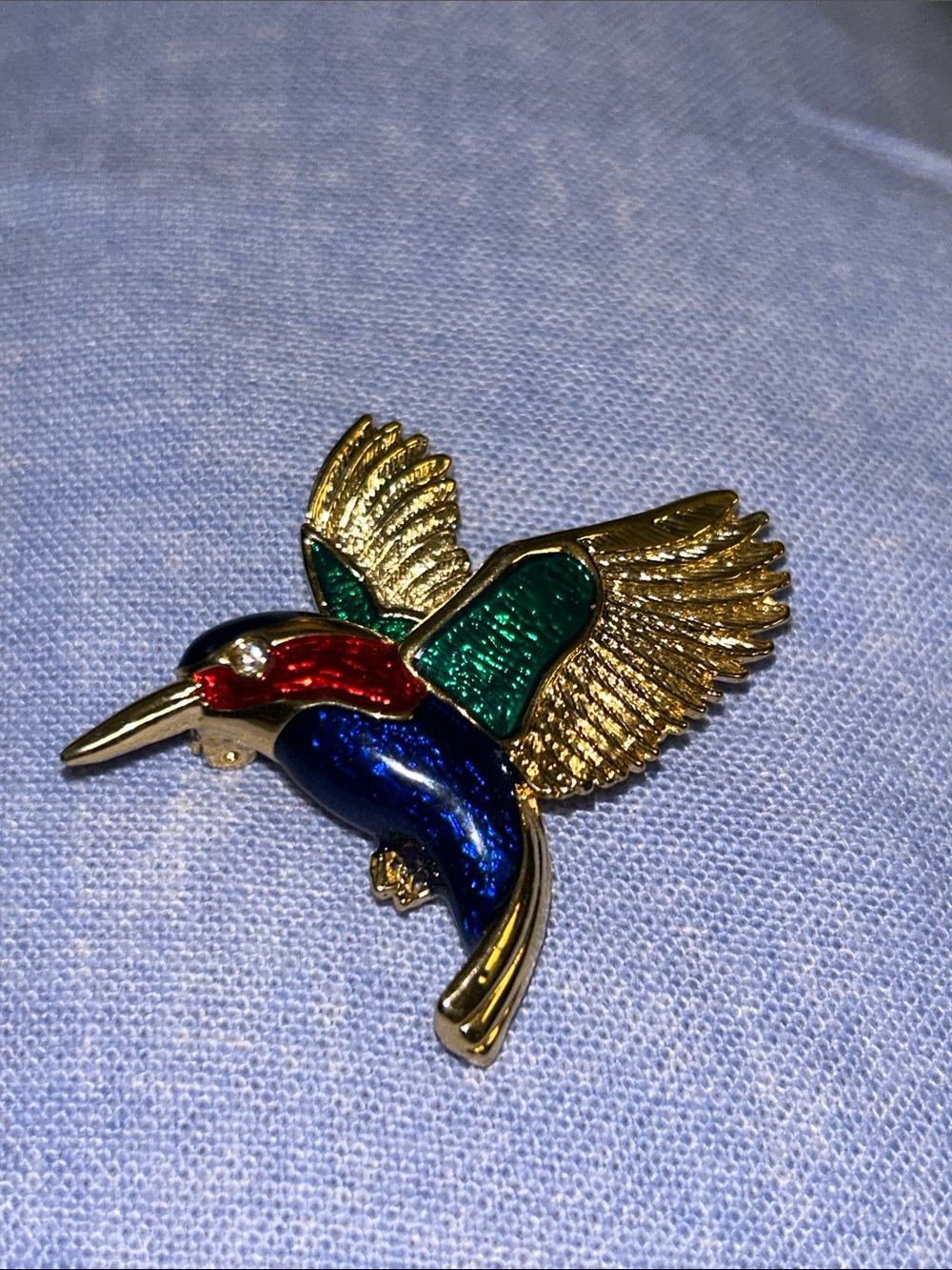 Gold-Tone Multicolor Hummingbird Brooch - Blue, Green, Red Accent Enamel